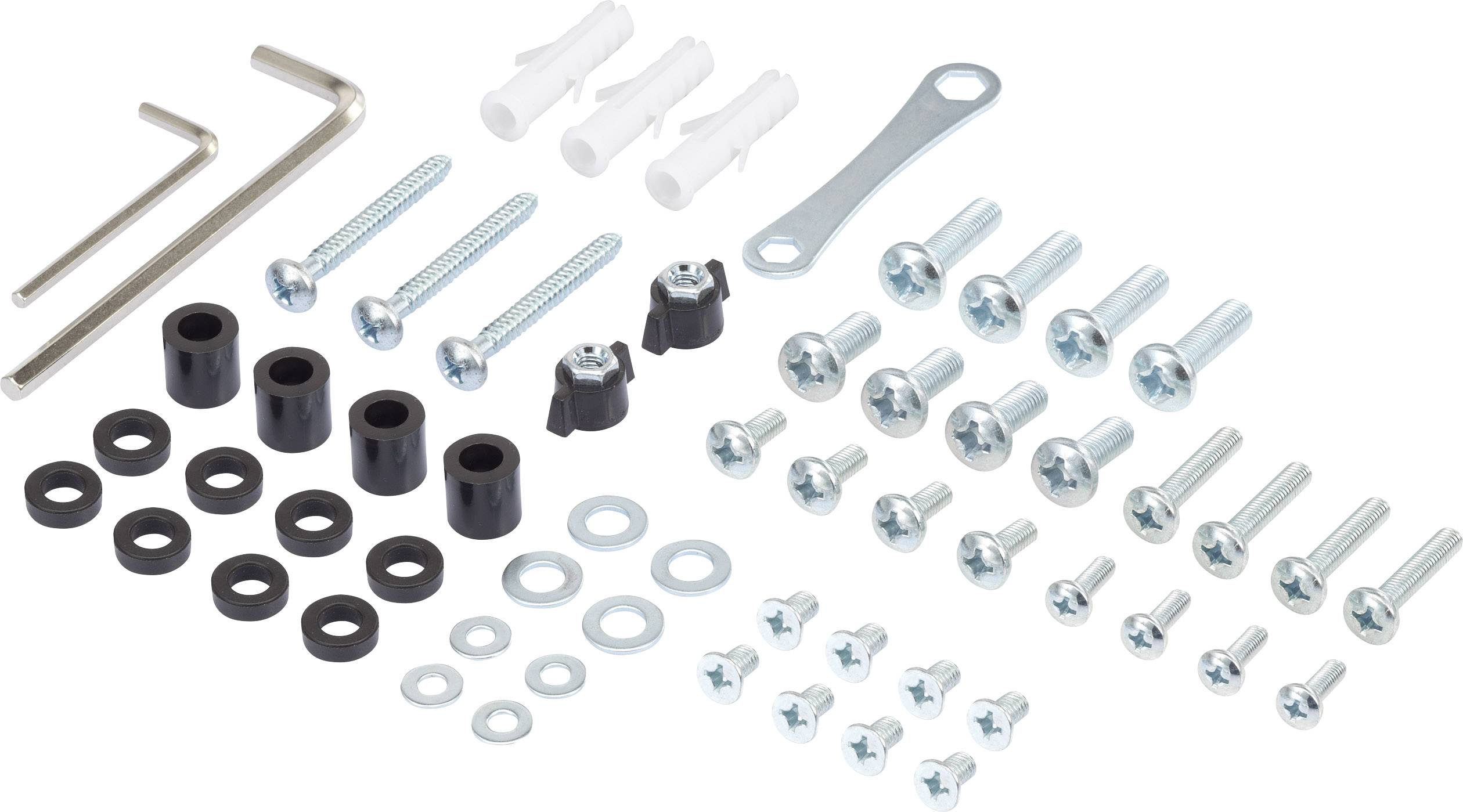 Various screws, nuts, washers and tools on a white background, arranged by sizes and types.