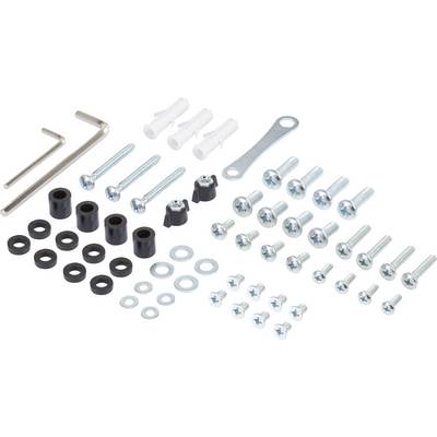 Various screws, nuts, washers and tools on a white background, arranged by sizes and types.