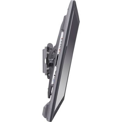 Side view of a flat-screen display on a movable wall mount, with visible audio and video connections.