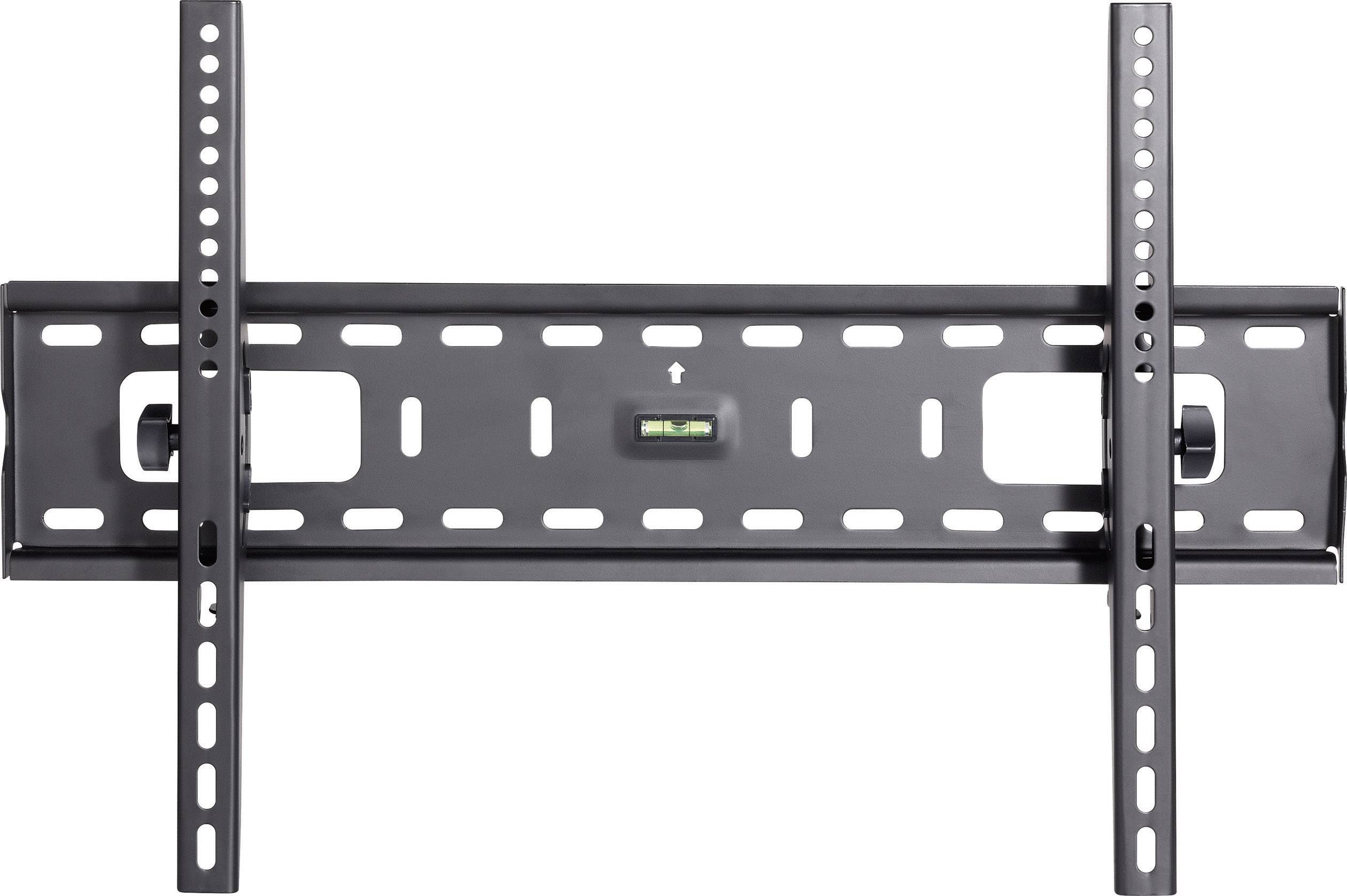 Wall mounting bracket for television, black, rectangular, with multiple screw holes and integrated spirit level for level installation.