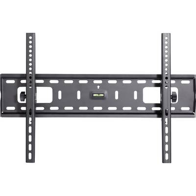 Wall mounting bracket for television, black, rectangular, with multiple screw holes and integrated spirit level for level installation.