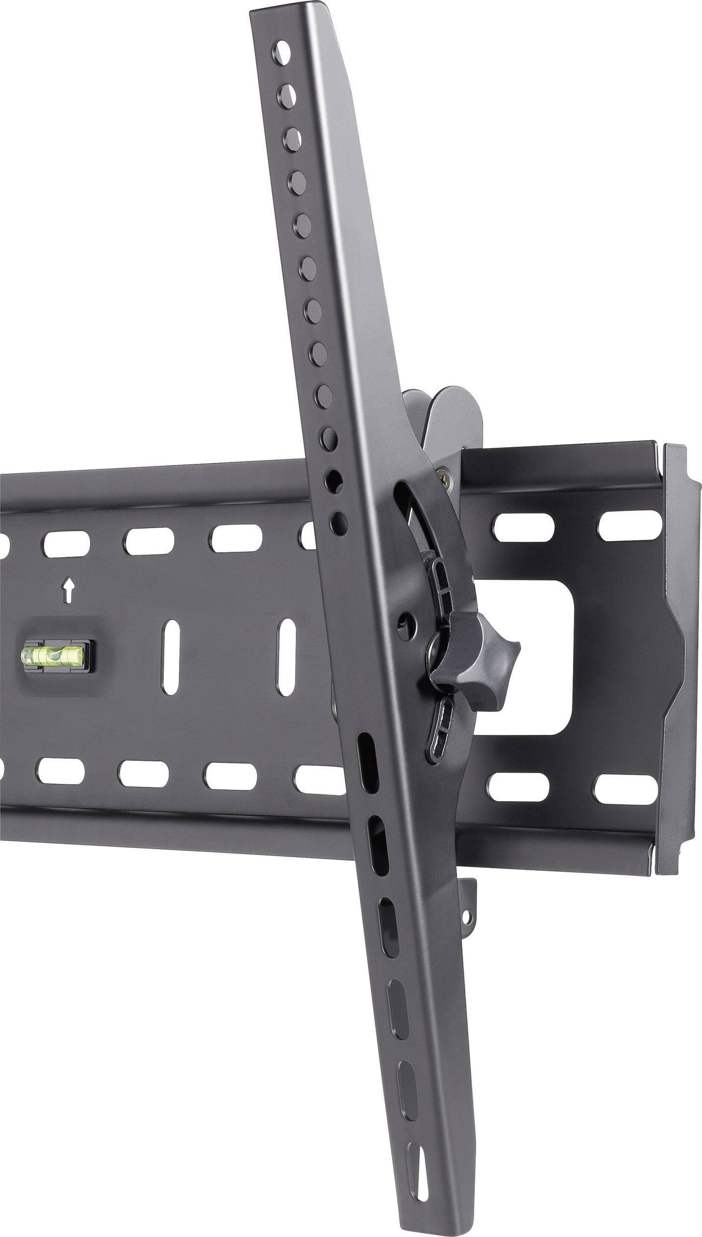Metal wall mount, tilting and swivelling, for mounting a flat-screen television. Black, with multiple drill holes.