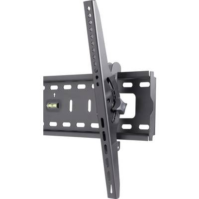 Metal wall mount, tilting and swivelling, for mounting a flat-screen television. Black, with multiple drill holes.