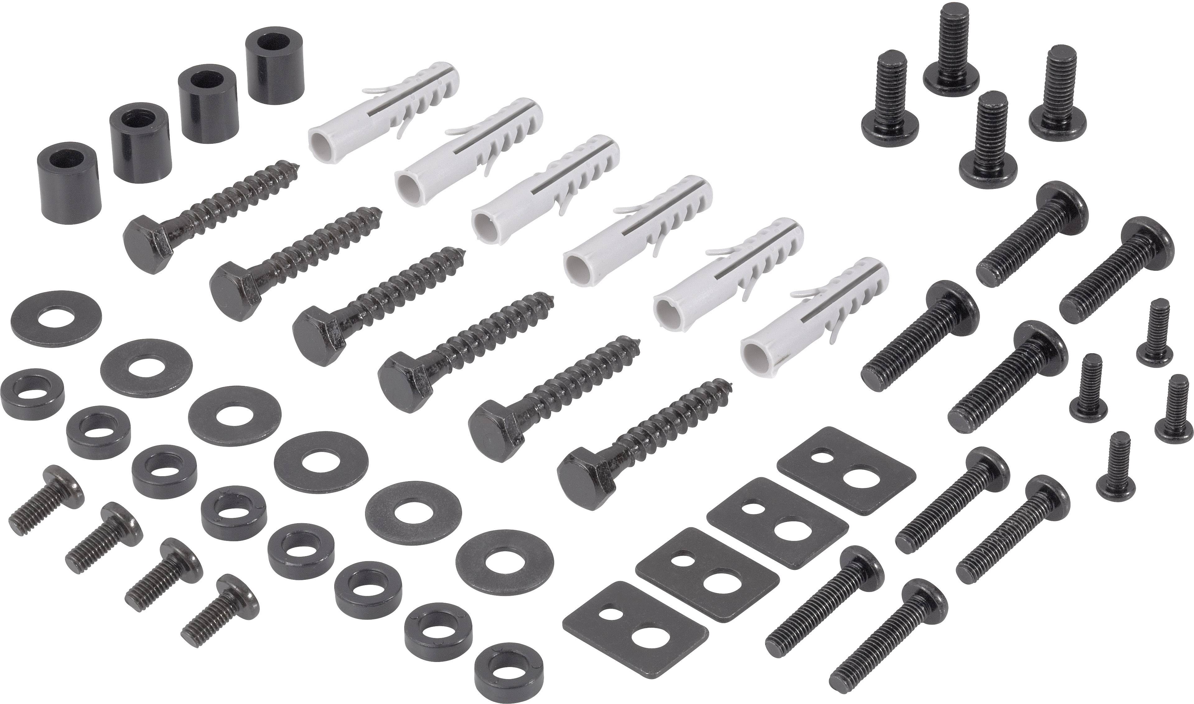 Screw and wall plug set with various sizes, including washers and spacers, suitable for mounting purposes.