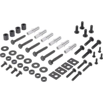 Screw and wall plug set with various sizes, including washers and spacers, suitable for mounting purposes.