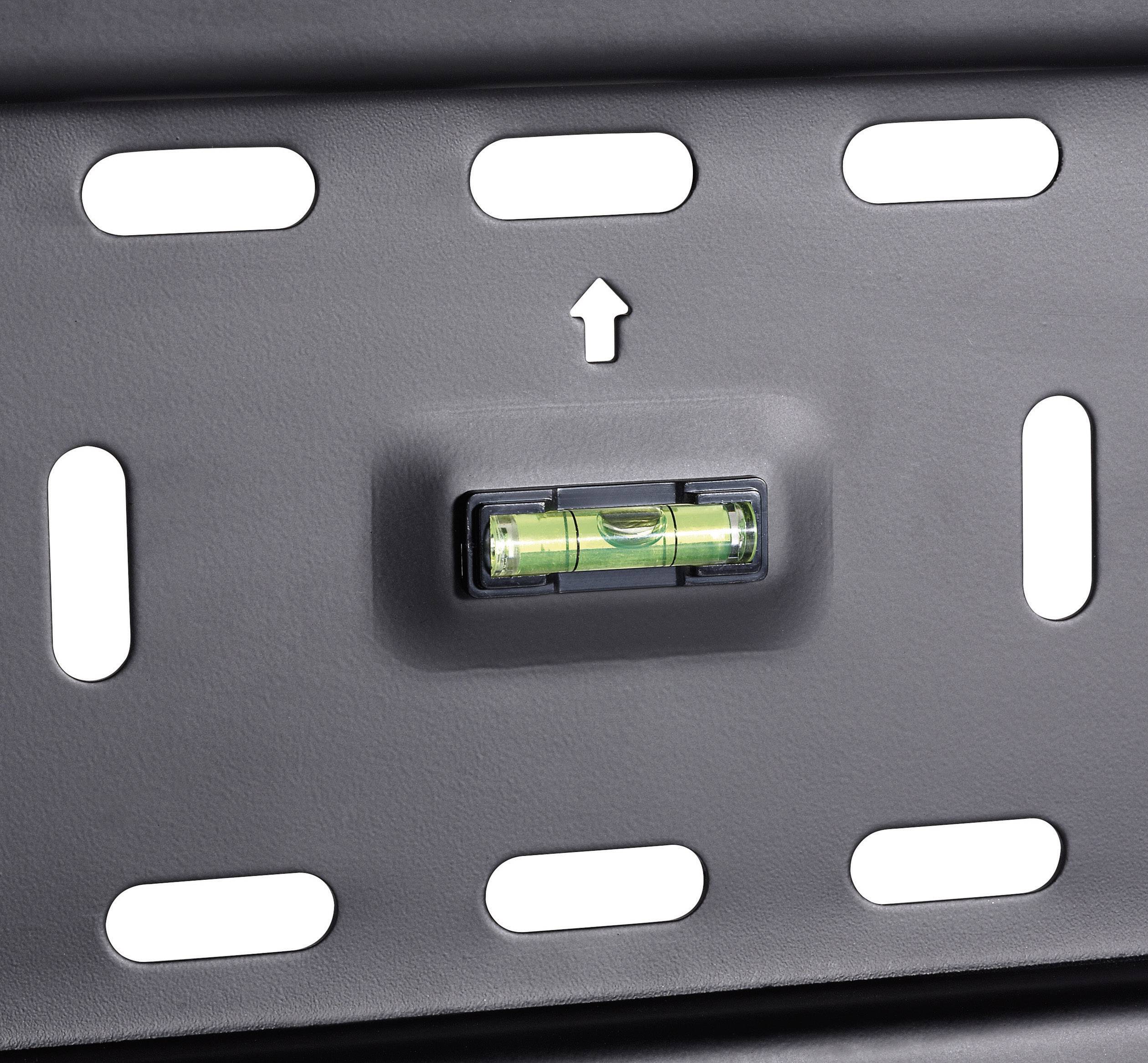 Spirit level on a black mounting bracket with an arrow indicating the correct alignment.