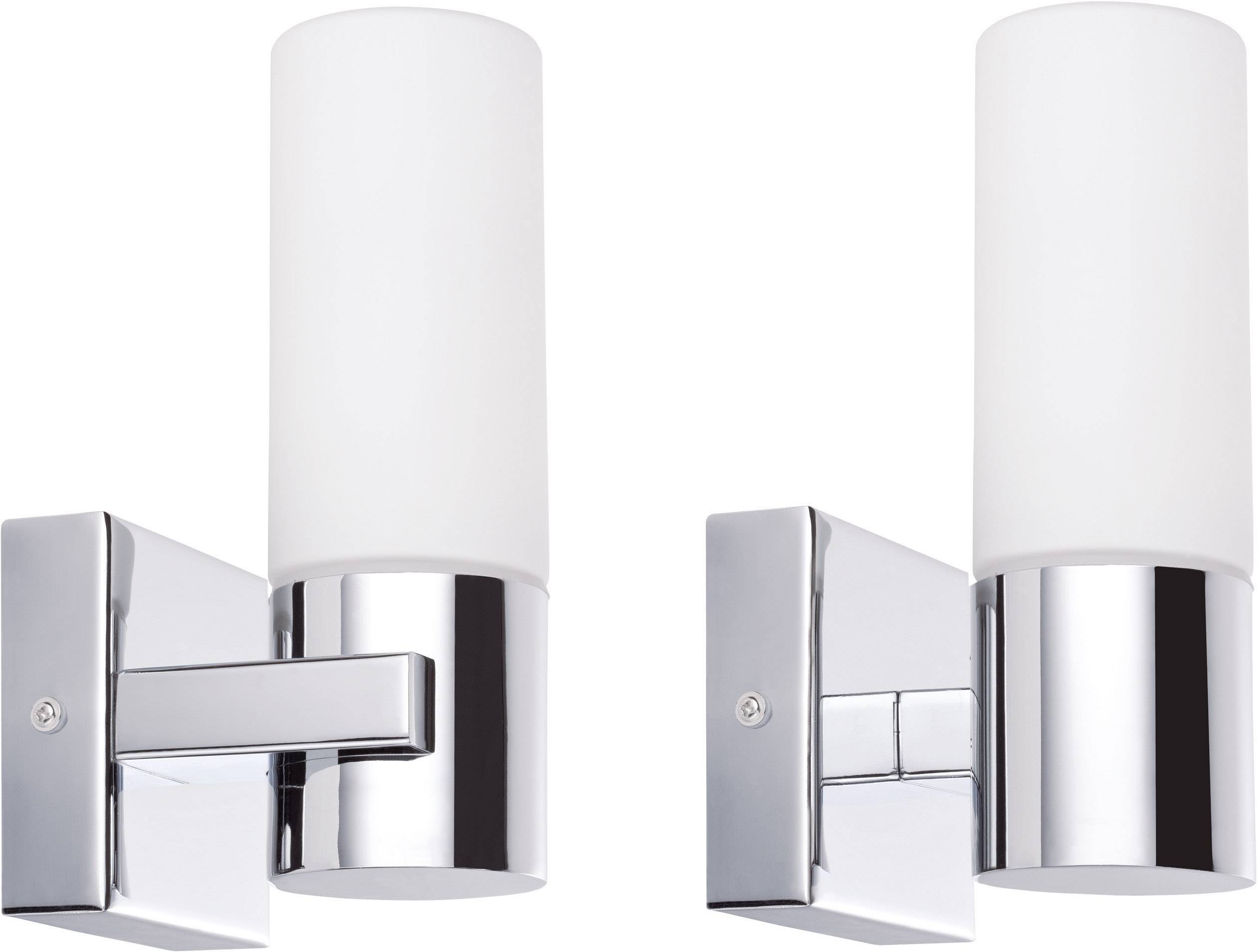 Two modern, cylindrical wall lights with white glass and chrome fittings, arranged symmetrically.