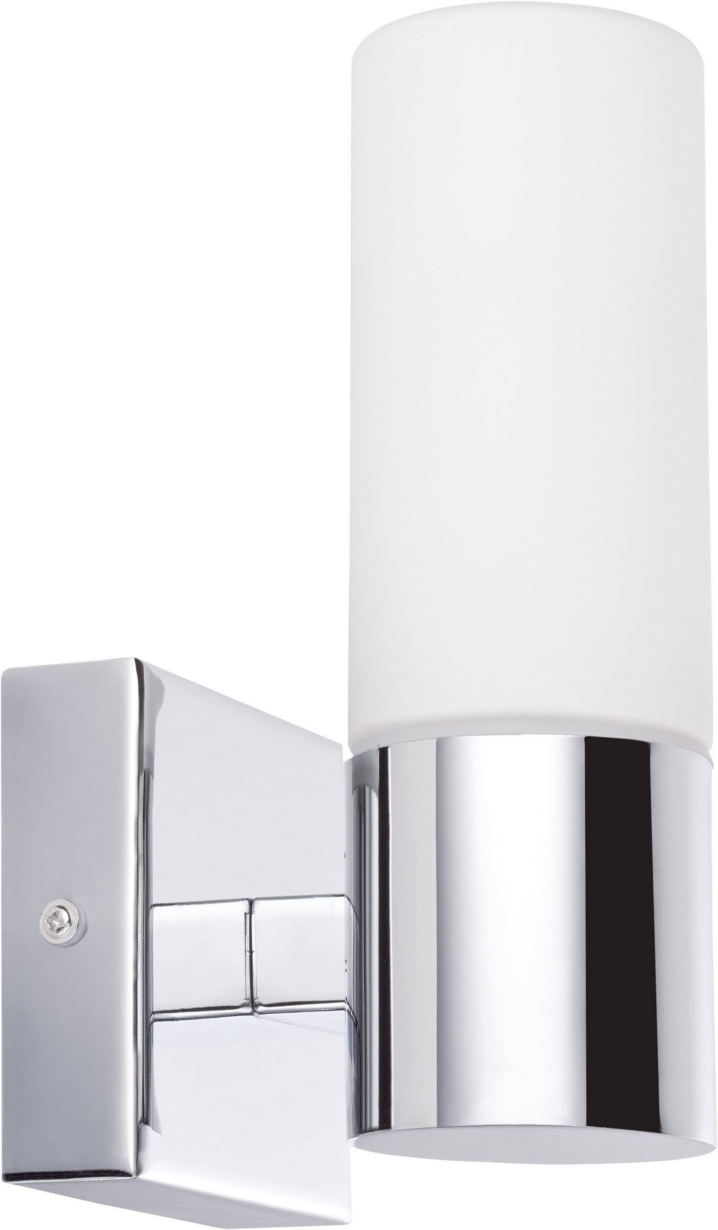Wall lamp with a cylindrical, white lampshade and chrome-coloured base. Suitable for modern interiors.
