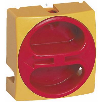 A yellow and red component with a circular cut-out and arrow-like shape, likely part of a mechanical or technical system.