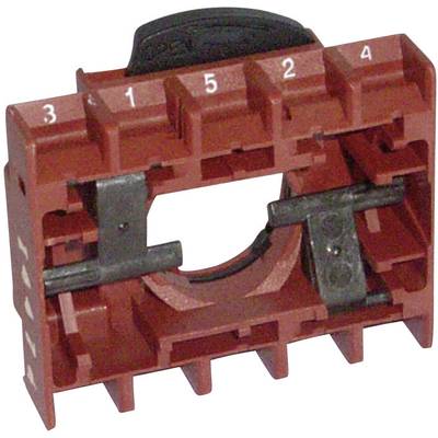 Red electrical component holder with numbered sections from 1 to 5 and black mounting element in the centre.