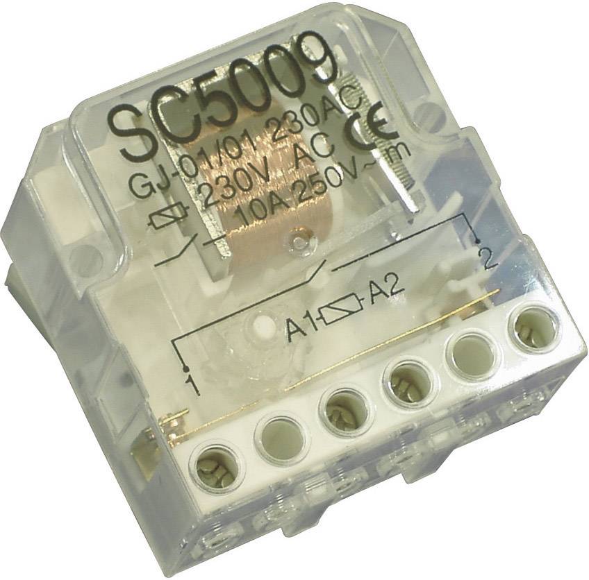 'SC5009' Relay Module, 230V AC, transparent housing, with terminals A1, A2. Suitable for 10A loads up to 250V.