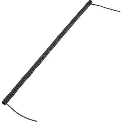 A long, black coiled cable, presumably a spiral cable, lying on a white surface.