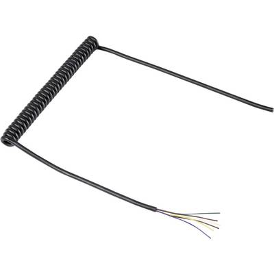 Black spiral cable with free ends, suitable for electronic connections.