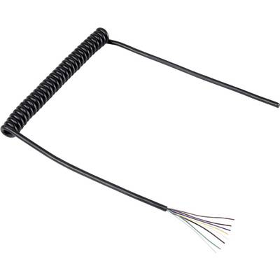 A black spiral cable extension with bare wire ends.