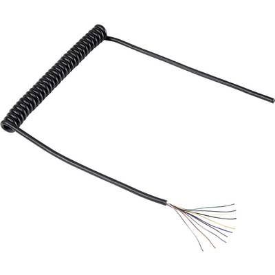 Black, spiral-shaped cable with multiple coloured, stripped wire ends.