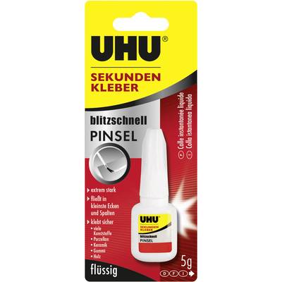 UHU PINSEL Instant Adhesive, 5g bottle. Description: liquid, fast-drying, suitable for porcelain, plastic, ceramics, glass, rubber, wood.