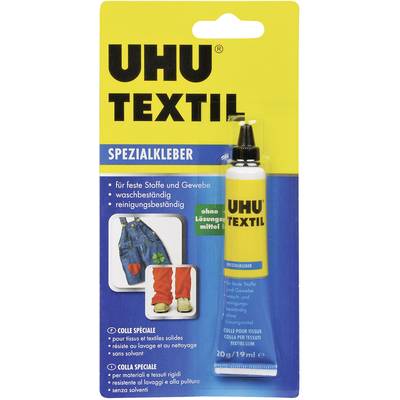 'Packaging for UHU Textile Special Adhesive, suitable for fabrics and textiles, washable. Includes application examples and product information.'