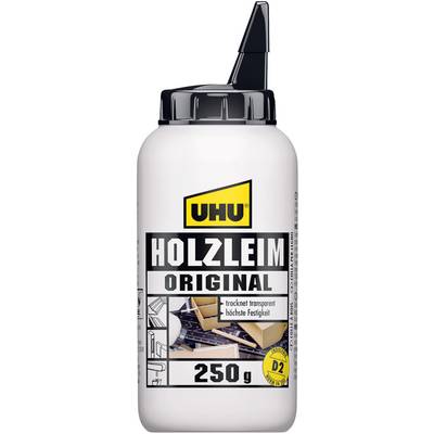The image shows a 250g bottle of UHU Original Wood Glue. Inscription: 'dries transparent, maximum strength', D2 for woodworking.