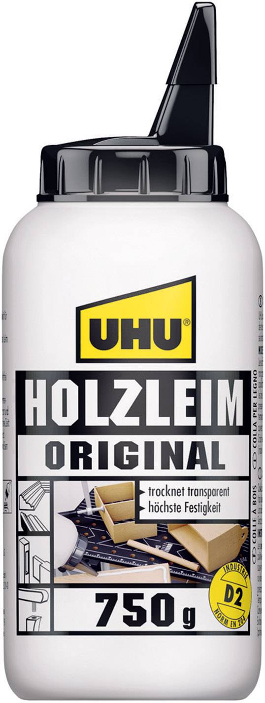 'UHU Wood Glue Original' bottle, 750 g, dries clear and offers high strength, suitable for wood joints.