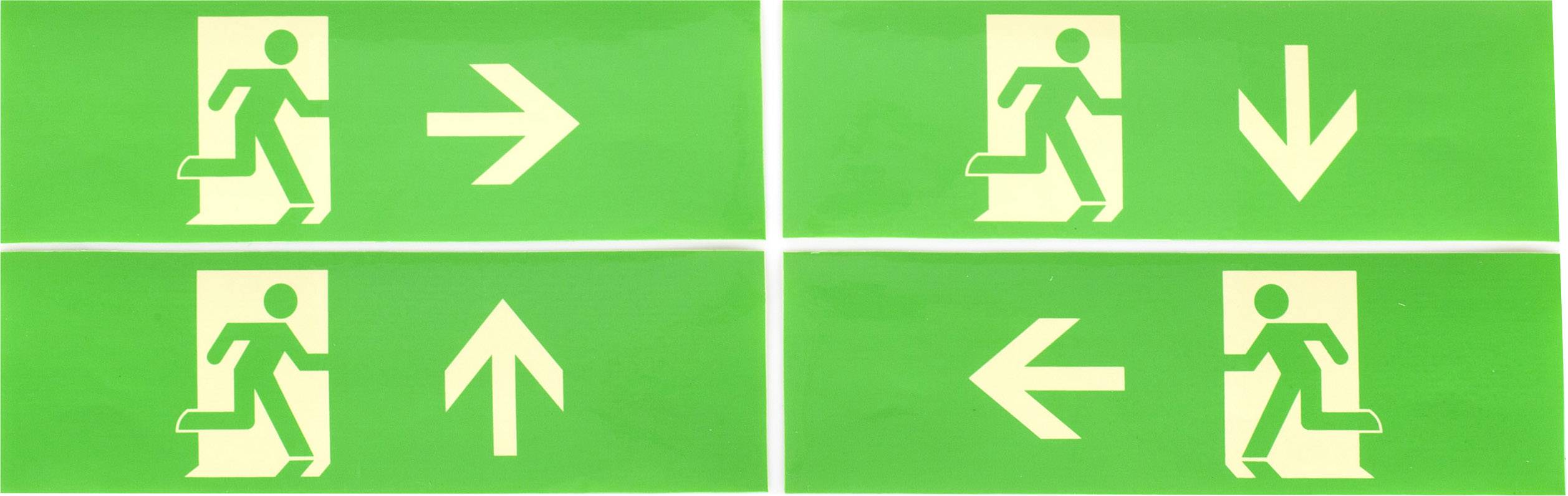 Emergency exit symbols on a green background with arrows pointing in all directions: right, left, up and down, indicating escape routes.
