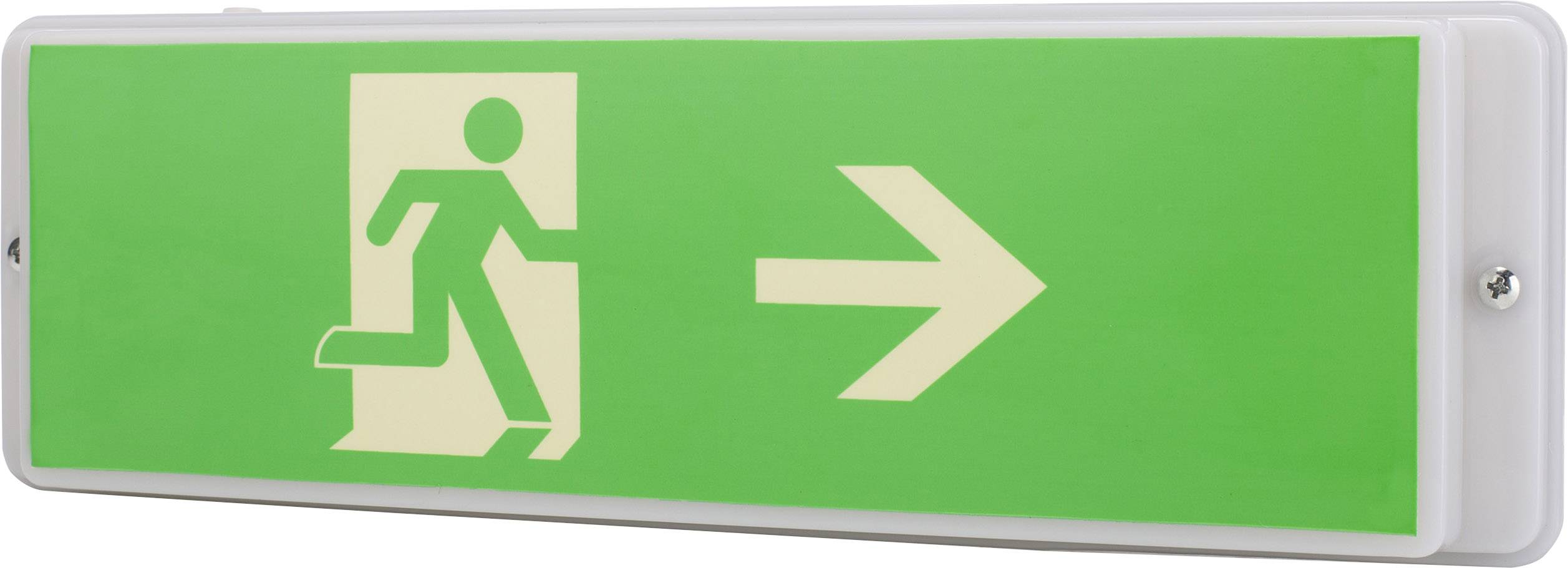 Emergency exit sign with a running person and arrow pointing right on a green background, indicating escape route.