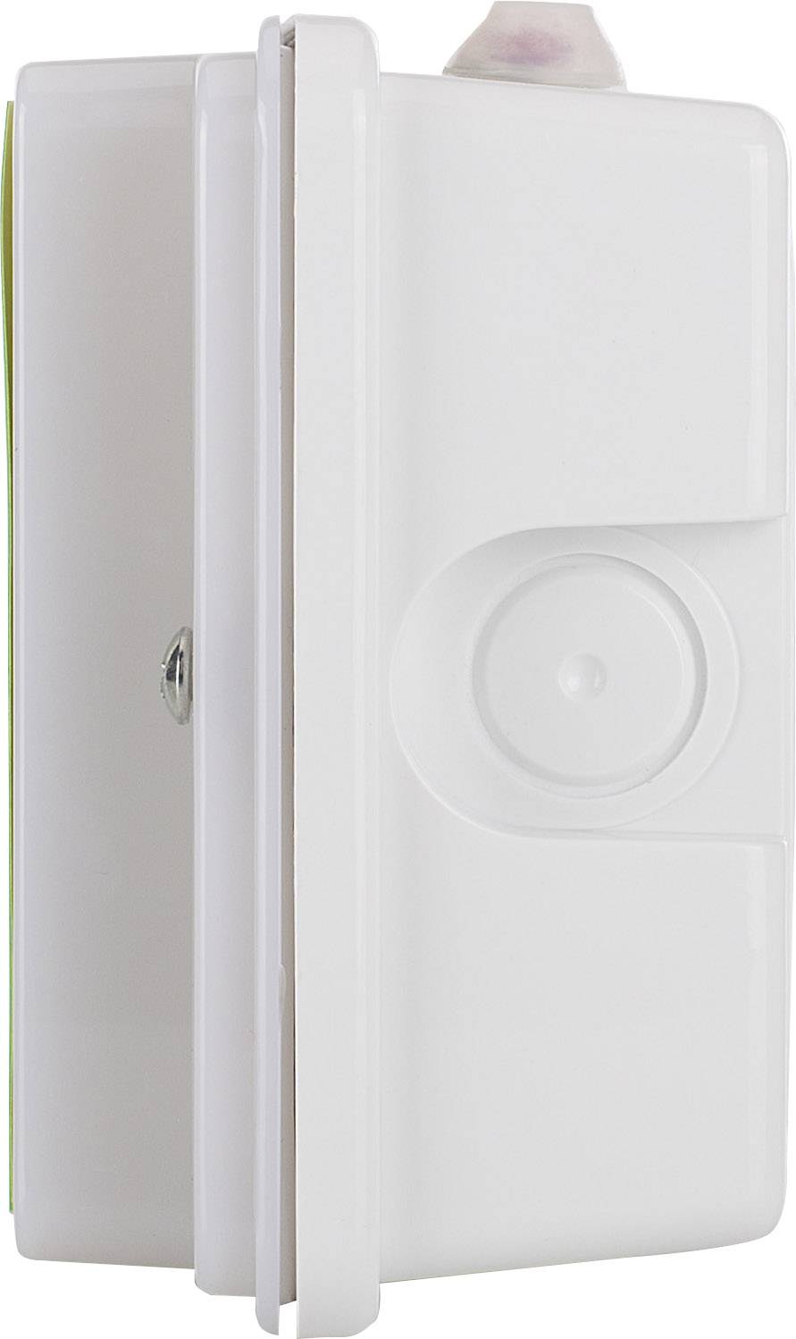 White motion sensor, side view. Square design with rounded corners, wall-mountable.