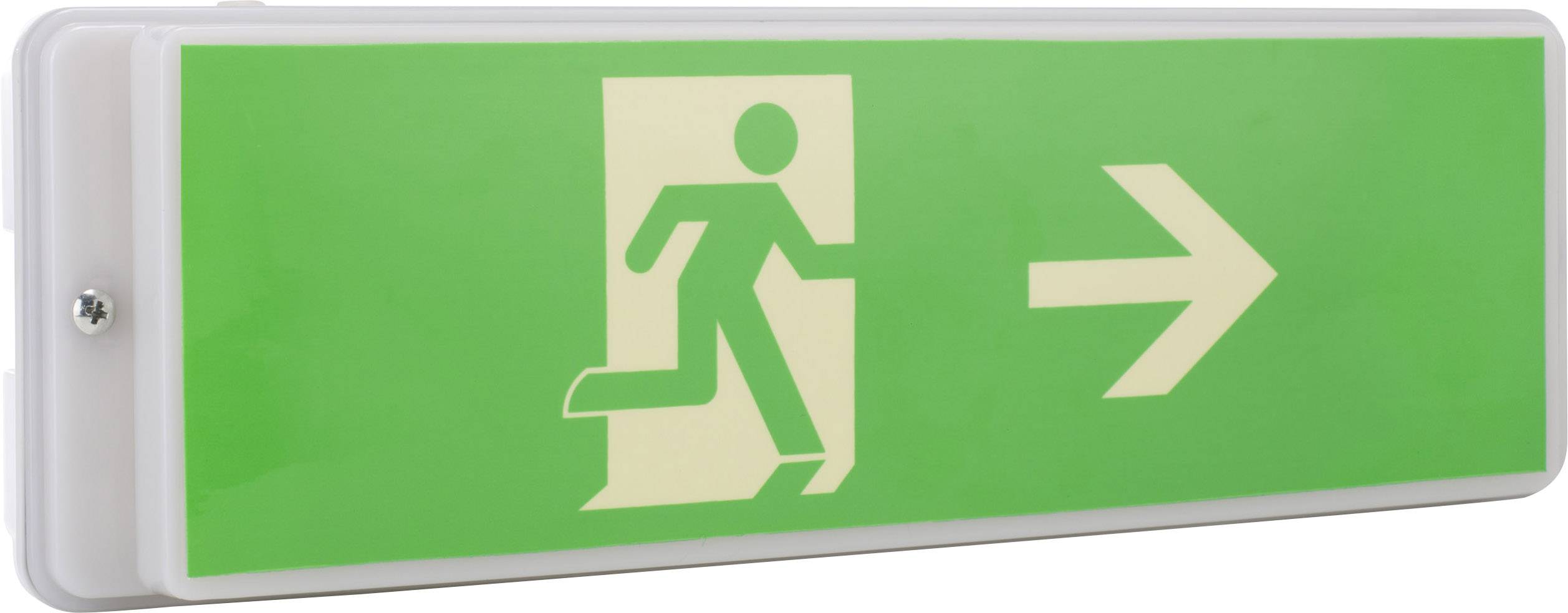 Green emergency exit sign with a white pictogram of a person walking to the right. Arrow points to the right.