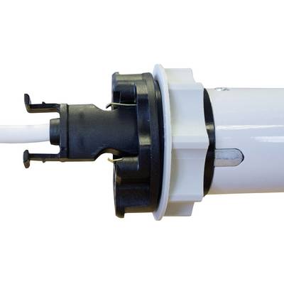 A black plastic plug connected to a white pipe appears to be part of a mechanical or electrical system.