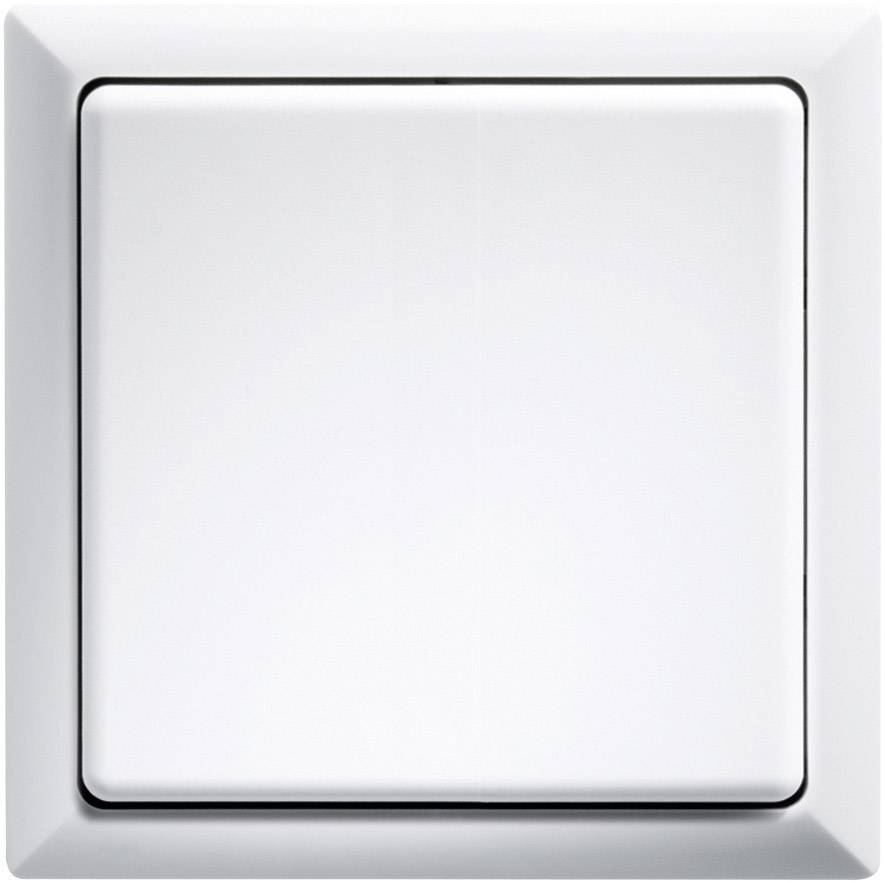 A white, square light switch on a white wall. The switch is in a neutral position and is used to control lighting.