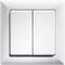 A white, rectangular light switch with two rocker switches, mounted on a white wall.