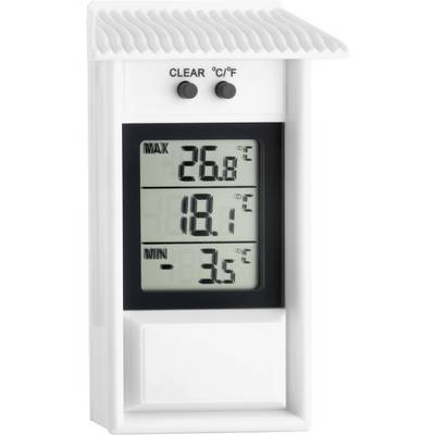 Digital thermometer in white housing shows maximum temperature 26.8°C, current temperature 18.1°C and minimum temperature -3.5°C.