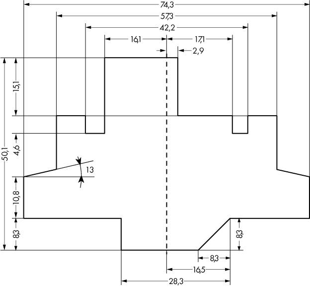 Technical drawing of a component with dimensions in millimetres. Dimensions: width 74.3, depth 42.2, various internal measurements and angles.