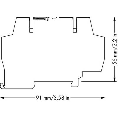 Schematic drawing of an electronic component with dimensions: width 91 mm (3.58 inches), height 56 mm (2.2 inches).