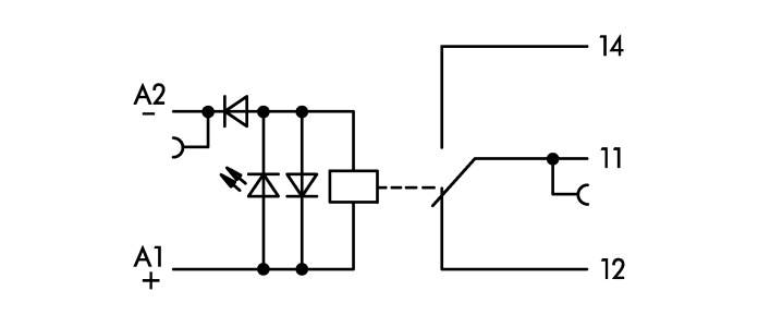 Switching symbol shows relay with light-emitting diode, diode, and contact terminals. Connections from A1, A2 to contacts 11, 12, 14.