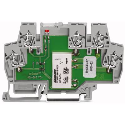 A component with a green printed circuit board and white relays in a grey enclosure; it is an electrical and technical device.