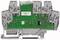 Grey electronic component with a green printed circuit board and multiple metal clips, likely part of an electrical cabinet.
