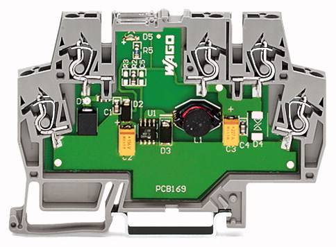 Electronic switching module on green PCB in grey plastic housing with spring terminals, typically used for industrial applications.