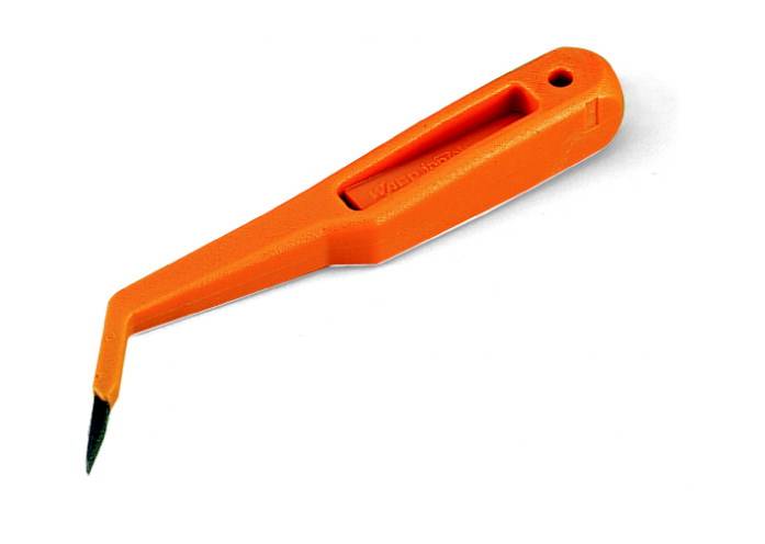 A orange plastic handle with a small metal hook at the end, used as a weeding tool to remove weeds between paving stones.