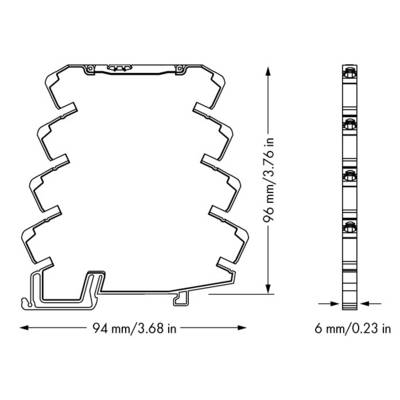 Technical drawing of a profile, side and front view. Dimensions: 94 mm width, 96 mm height, 6 mm depth.