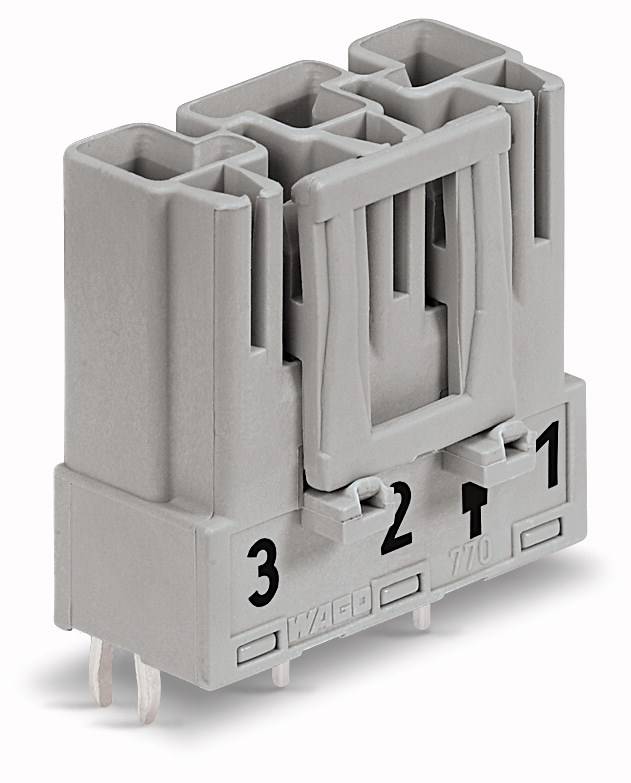 Grey electrical connector with three numbered inputs (1, 2, 3) and two pins on the underside.