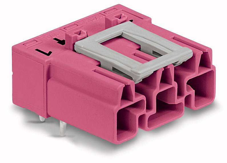 A pink electrical connector with multiple connection points and grey details; used for linking cables in electronic devices.
