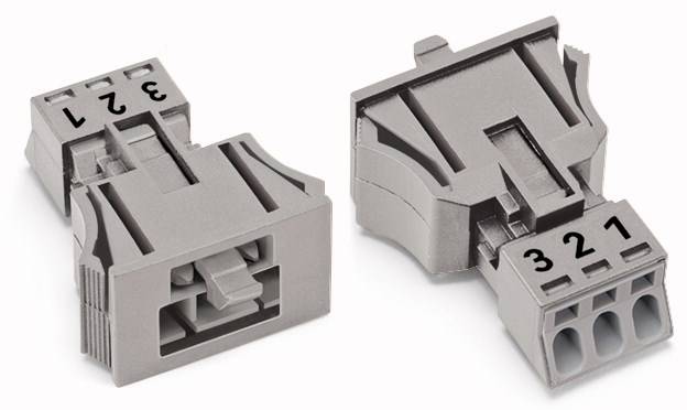 Two grey plastic connectors, numbered '1', '2', '3'. The one on the left shows the rear side, the one on the right shows the connection side.