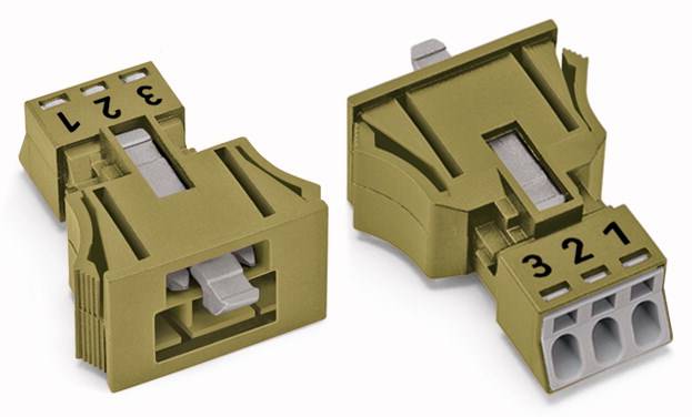 Two green connectors with numbers 3, 2, 1 on the top side, each having three terminals. The left one is equipped with a lever.