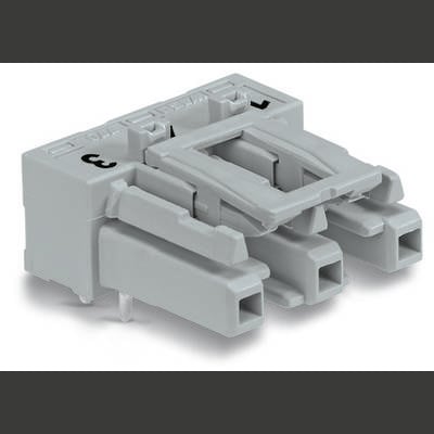 A grey electrical connector with a handle and multiple terminals, used for connecting cables in electrical systems.