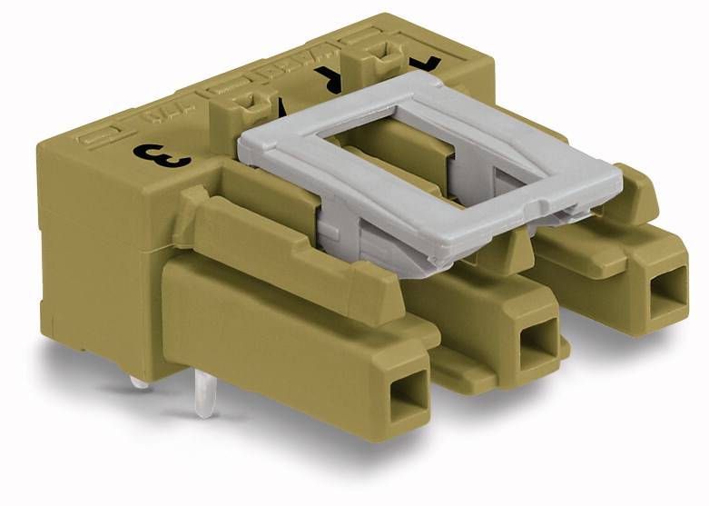 Dark brown, rectangular, multi-pole plug with a grey locking mechanism on top and black markings on the sides.