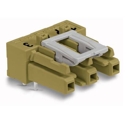 Dark brown, rectangular, multi-pole plug with a grey locking mechanism on top and black markings on the sides.