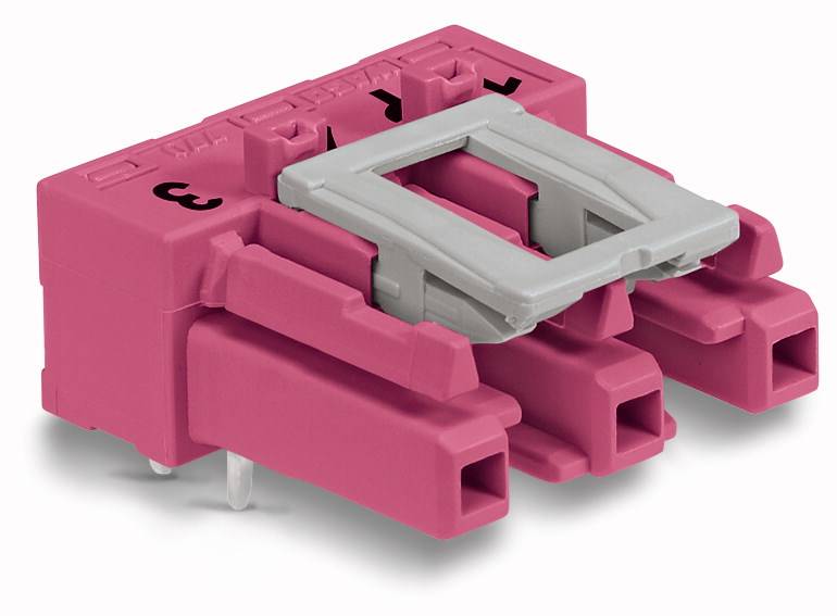 A red electrical connector with four rectangular terminals and a grey retention clip, suitable for industrial applications.