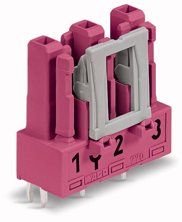 A pink connector with three numbered slots (1, 2, 3) and a grey mounting bracket, used for electrical connections.