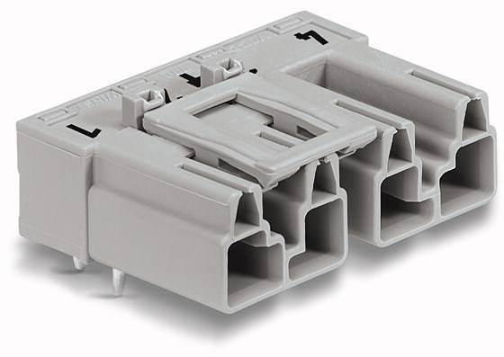 Grey rectangular plastic connector housing with multiple square and rectangular openings for receiving pins.