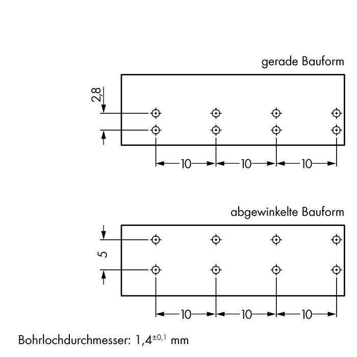 'Drawing of hole patterns in straight and angled design. Dimensional specifications: 10 mm spacing between holes, 1.4±0.1 mm hole diameter.'